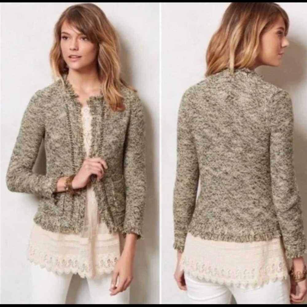 Angel Of The North Anthropologie Green Fringe Cardigan Blazer